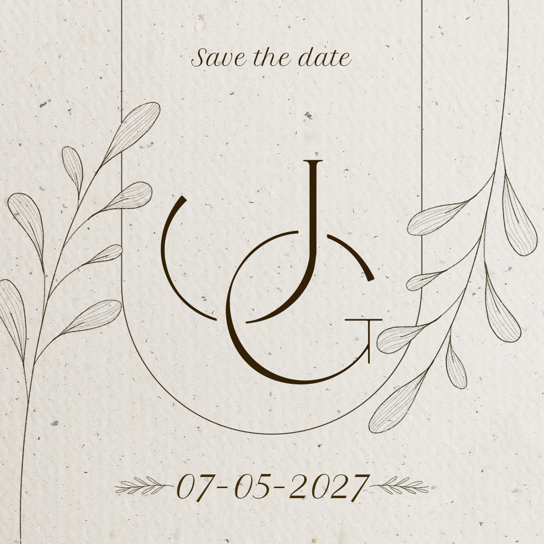 Save the Date vertical — monograma JG com ramos botânicos pendentes